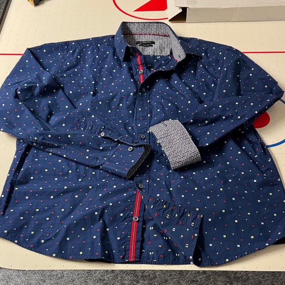 Bugatchi Navy Blue Shirt with Red Accents - Picture 1 of 5